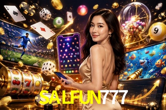 Una escena digital vívida inspirada en casino con SALFUN777 mostrado prominentemente, luces brillantes, fichas, cartas y acentos dorados.
